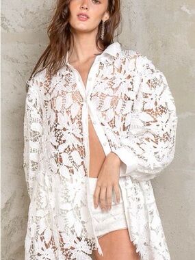 POL Lace Crochet Balloon Sleeve Button Down Shirt Sz L SOLD OUT